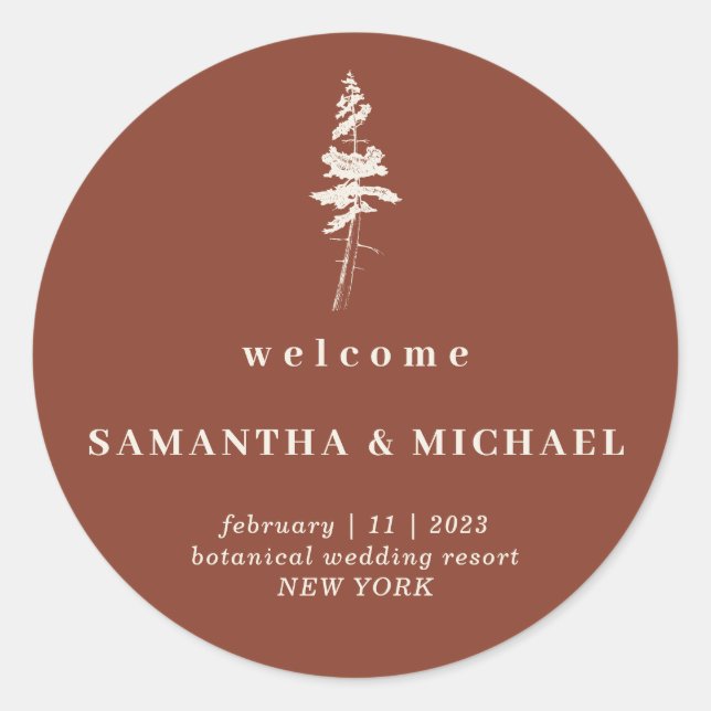 Forest Pine Tree Indie Wedding Welcome Classic Round Sticker (Front)