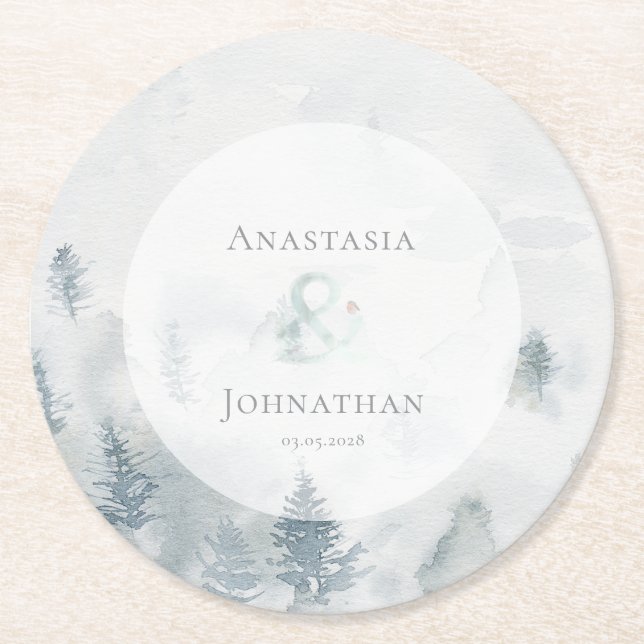 Forest Pine Tree Rustic Watercolor  Round Paper Coaster (Front)