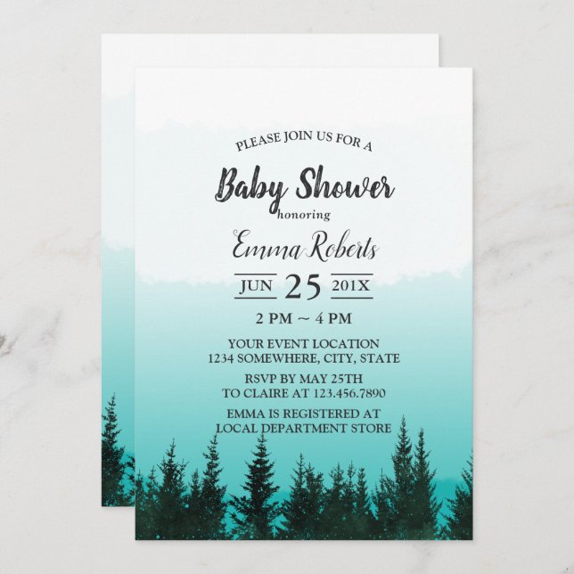 Forest Pine Trees Elegant Watercolor Baby Shower Invitation (Front/Back)