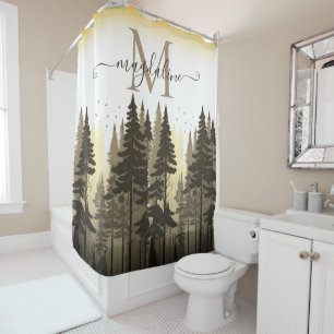 Forest Pine Trees Script Name Monogram Shower Curtain