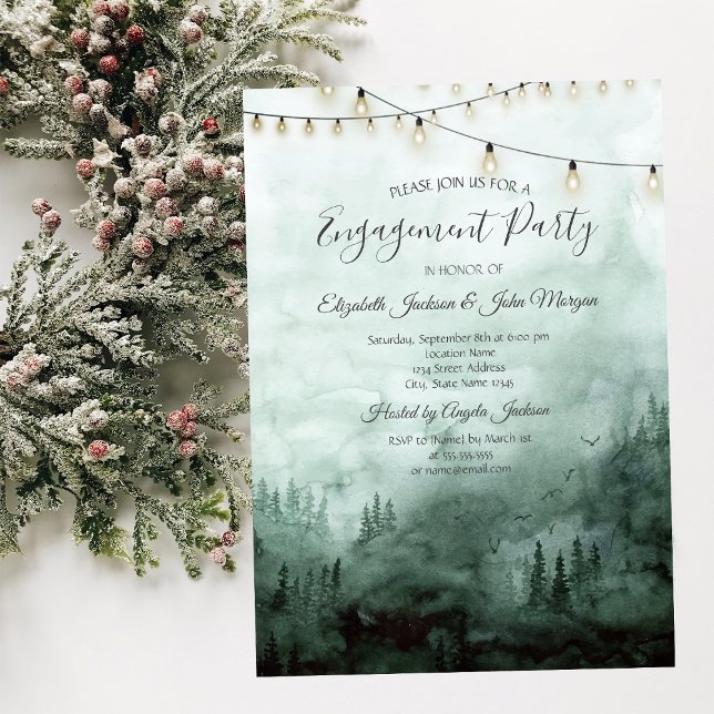 Forest,Pine Trees,String Lights Green Engagement   Invitation (Creator Uploaded)