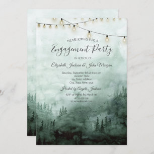 Forest,Pine Trees,String Lights Green Engagement   Invitation
