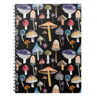 Forest plants: watercolor mushrooms, leaves patter notebook