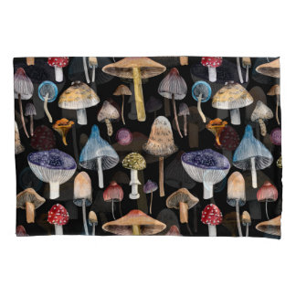 Forest plants: watercolor mushrooms, leaves patter pillowcase
