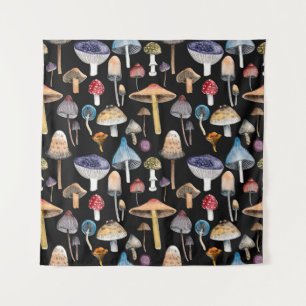 Forest plants: watercolor mushrooms, leaves patter tapestry