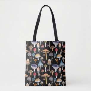 Forest plants: watercolor mushrooms, leaves patter tote bag