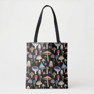 Forest plants: watercolor mushrooms, leaves patter tote bag
