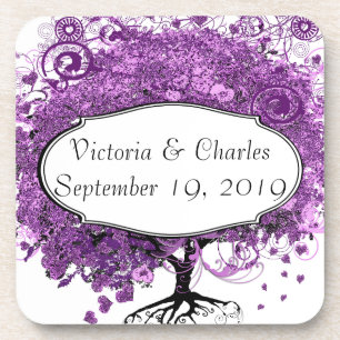 Forest Purple Heart Leaf Tree Wedding Coaster