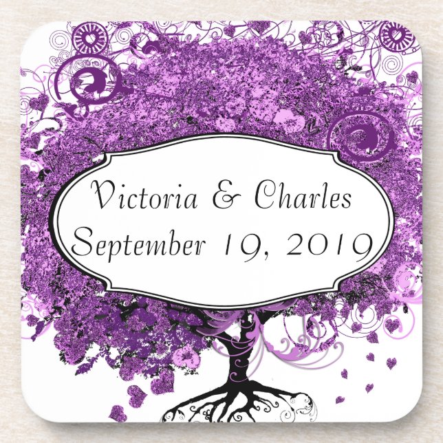 Forest Purple Heart Leaf Tree Wedding Coaster (Front)