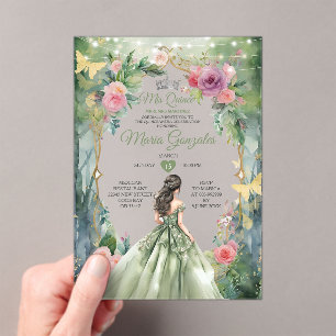 Forest Quinceañera Sage Green Butterfly Acrylic Invitations