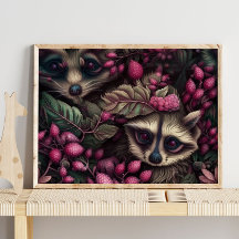 Forest Racoon Pink Berries | Racoon Wall Print