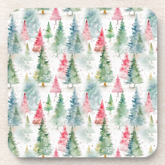 Forest, Red Green Pine Trees Holiday Coaster (Front)