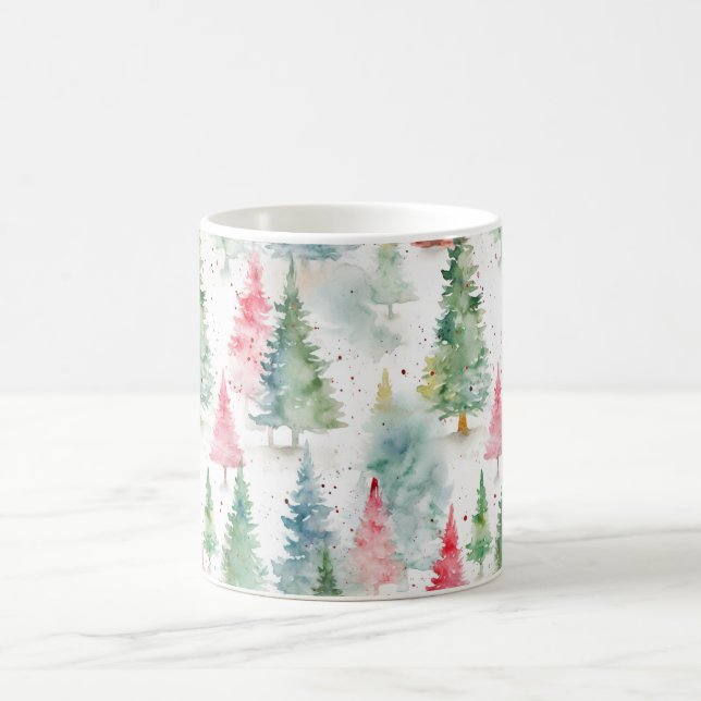 Forest, Red Green Pine Trees Holiday Coffee Mug (Center)