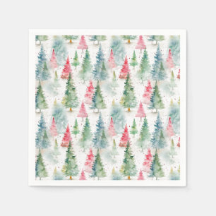 Forest, Red Green Pine Trees Holiday Napkin