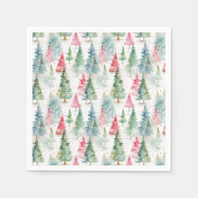 Forest, Red Green Pine Trees Holiday Napkin (Front)