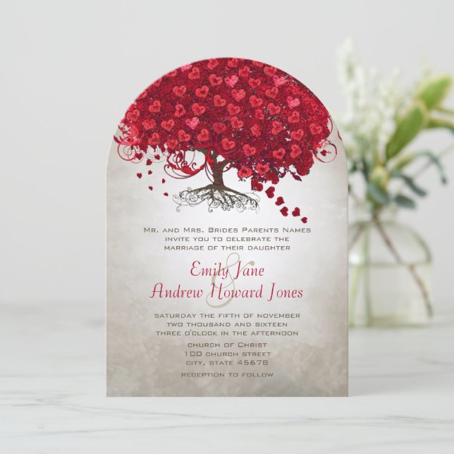 Forest Red Heart Leaf Tree Wedding Invites (Standing Front)