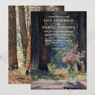 Forest Rustic Boho Floral Mason Jar Wedding Photo Invitation