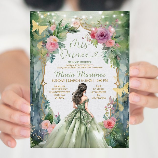 Forest Sage Green Dress Pink Flowers 15 Mis Quince Invitation (Creator Uploaded)