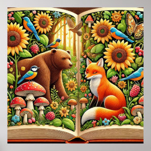 Forest Scene With Bear, Fox, Sunflowers Poster