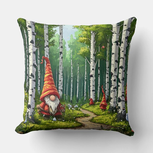Forest Scene With Gnomes and Birch Trees Cushion (Front)