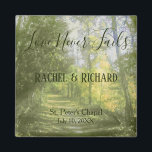 Forest Scenery Wedding Couple Magnet<br><div class="desc">A lovely wedding favour,  this refrigerator magnet features a lovely green and yellow forest background with "Love never fails" written in cute cursive green font.  Underneath is the name of the couple,  venue,  and wedding date.  Great for bridal showers,  bachelorette parties,  etc. Customise yours today!</div>