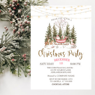 Forest, Sleigh, Lights Gold Christmas Company Invitation