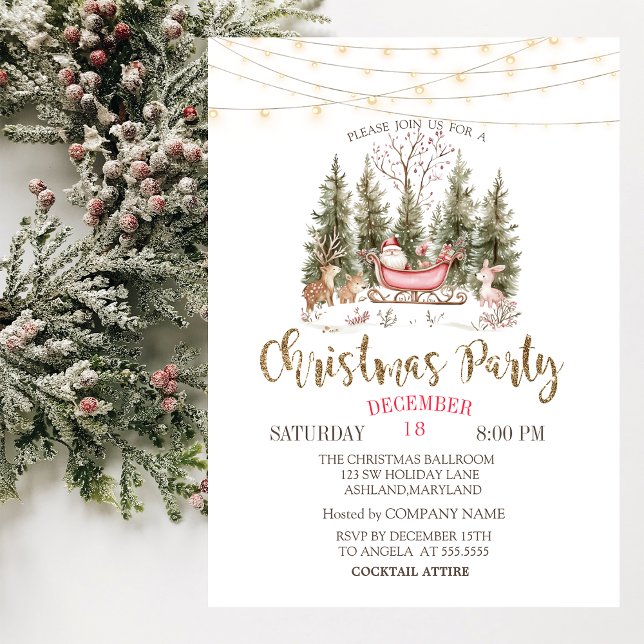 Forest, Sleigh, Lights Gold Christmas Company Invitation (Creator Uploaded)