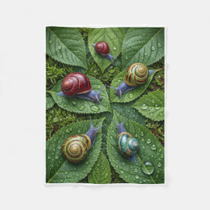 Forest Snails Crawling On Dewy Leaves Fleece Blank Blanket
