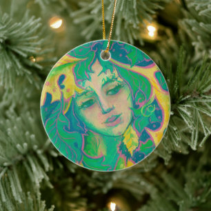 Forest Spirit, Surreal Fantasy Portrait Green Folk Ceramic Tree Decoration