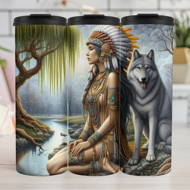 Forest Spirit, Woman, Wolf Companion. Thermal Tumbler (Creator Uploaded)