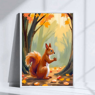 Forest Squirrel   Autumn Animal Watercolor Fall Poster