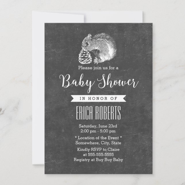 Forest Squirrel & Pine Corn Chalkboard Baby Shower Invitation (Front)