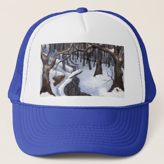 Forest stream and trees in a winter snow storm  trucker hat (Front)