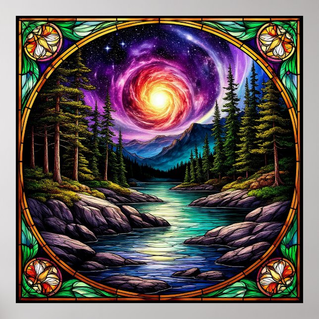 Forest Stream Under Cosmic Night Sky Poster (Front)