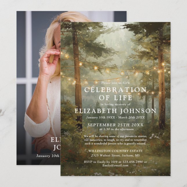Forest String Lights Celebration of Life Photo Invitation (Front/Back)