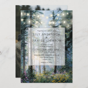 Forest String Lights Floral Rustic Wedding Photo Invitation