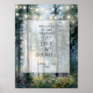 Forest String Lights Floral Wedding Welcome Sign