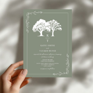 Forest String Lights Monogram Sage Green Wedding  Invitation