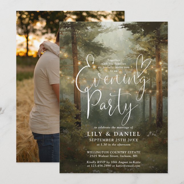 Forest String Lights Photo Wedding Evening Party Invitation (Front/Back)