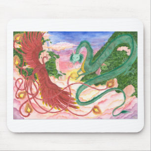 Forest Sunset Dragon and Phoenix Mouse Pad