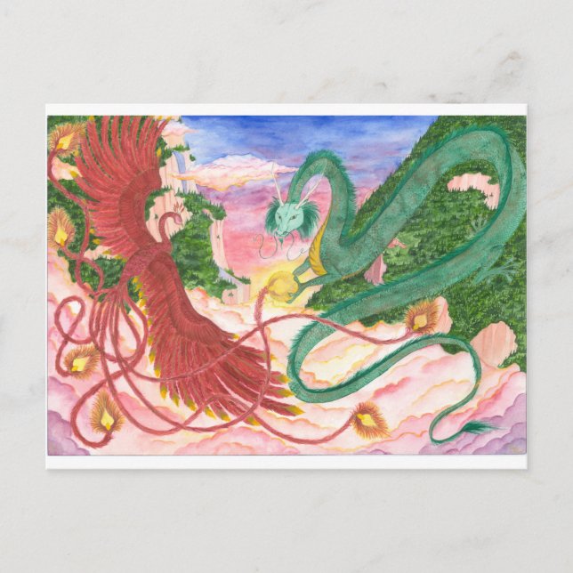 Forest Sunset Dragon and Phoenix Postcard (Front)