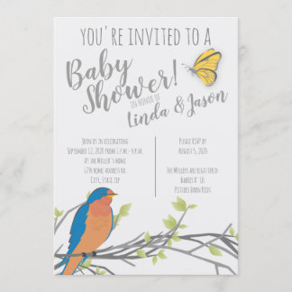 Forest Theme  Baby Shower with Bluebird & Foliage Invitation