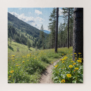 Forest Trail with Yellow Wildflowers Jigsaw Puzzle