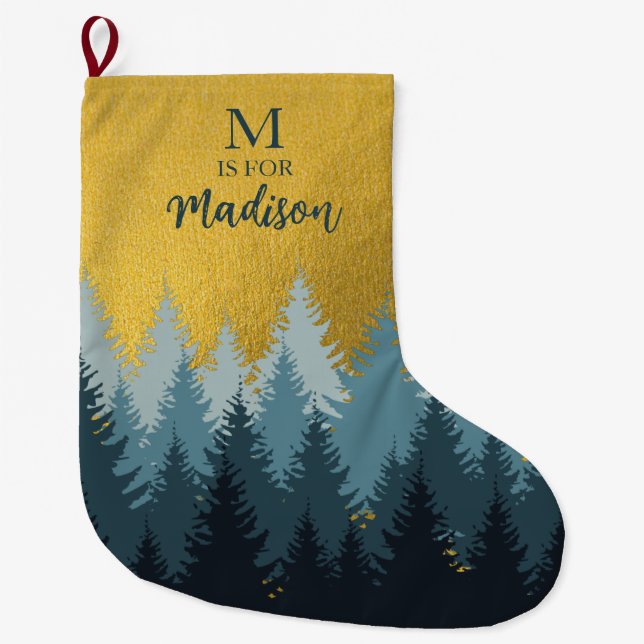 Forest Trees Golden Landscape Baby Monogram Large Christmas Stocking (Front)