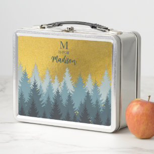Forest Trees Golden Landscape Baby Monogram  Metal Lunch Box