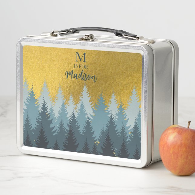 Forest Trees Golden Landscape Baby Monogram  Metal Lunch Box (In Situ)