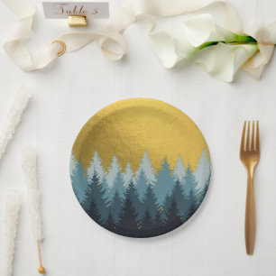 Forest Trees Golden Landscape  Paper Plate