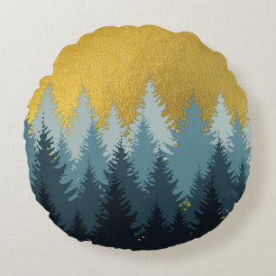 Forest Trees Golden Landscape Round Cushion
