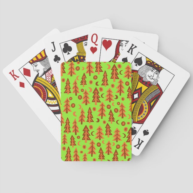 Forest Trees Moon Stars Pattern Green Red Playing Cards (Back)