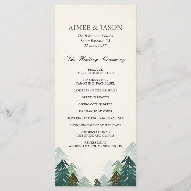 Forest Wedding Ceremony Program Pine Trees Winter Menu (Front)